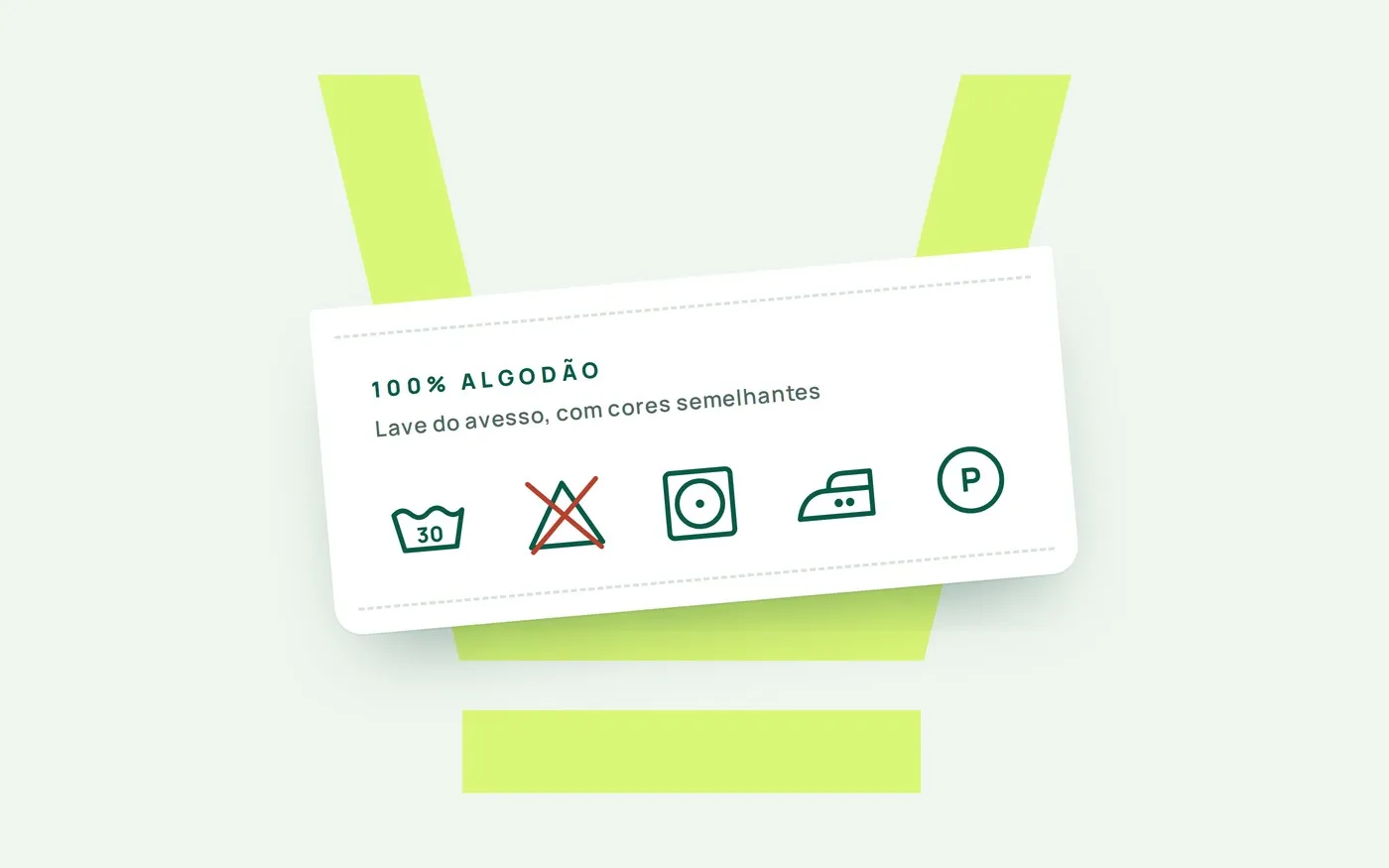 Etiqueta de roupa com os cinco símbolos básicos de lavagem, sobre fundo verde-claro com o V da Lavou tá Novo